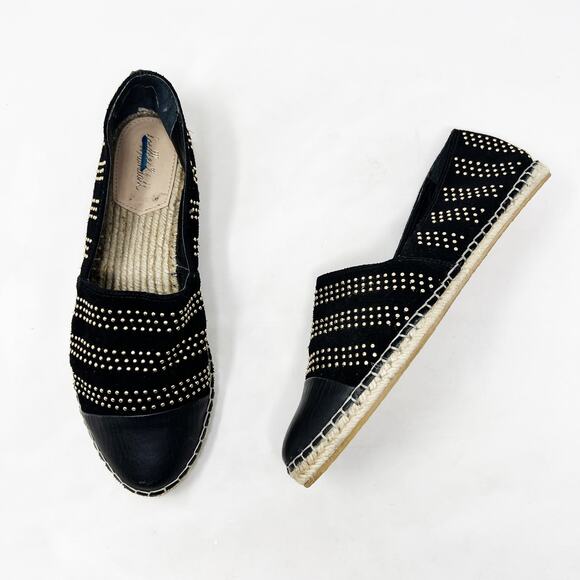 [Loeffler Randall] Black Gold Studded Mara Leather Cap Toe Espadrille Flats Sz 9 - Picture 6 of 12